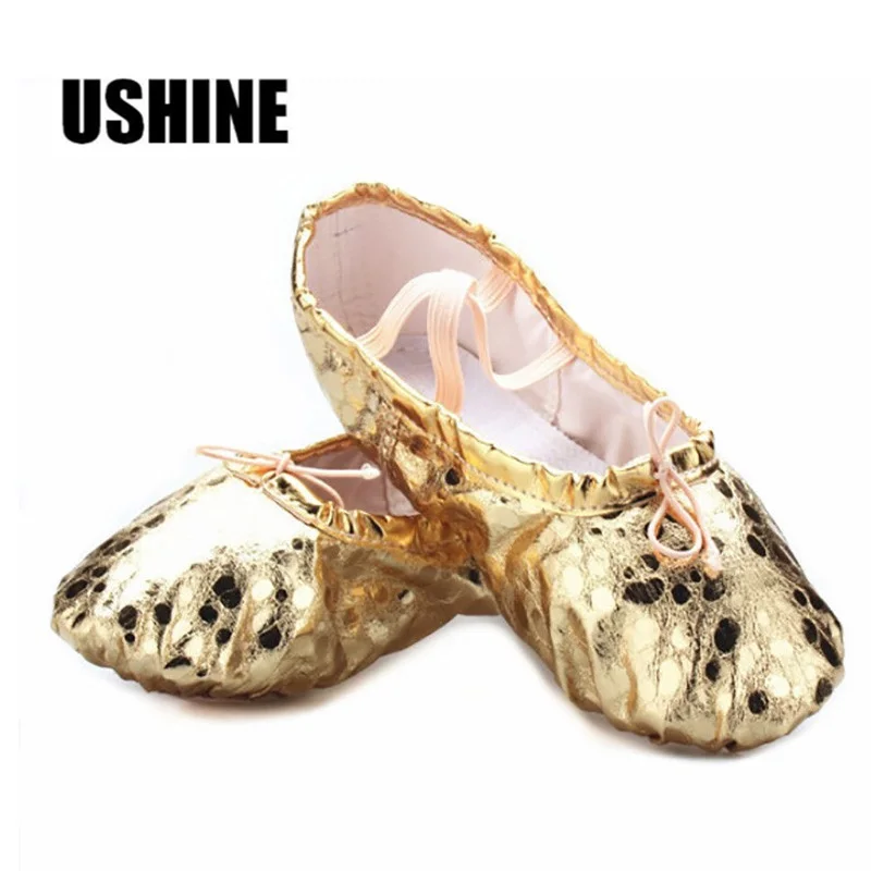 USHINE профессиональный серебряный золотой PU yoga живота танцевальная обувь