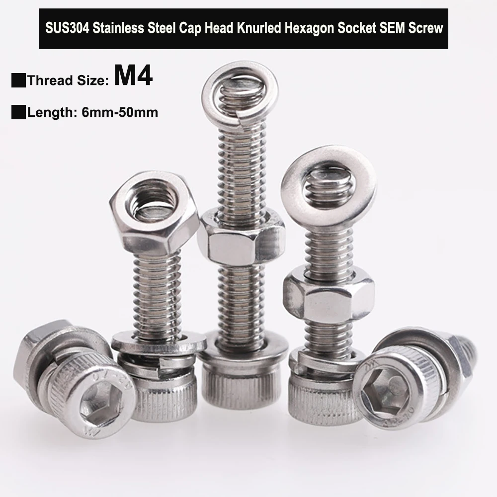 

M4 SUS304 Stainless Steel Knurled Cap Head Hexagon Socket Bolt Three Combination Screw with Plain Washer Spring Washer and Nut