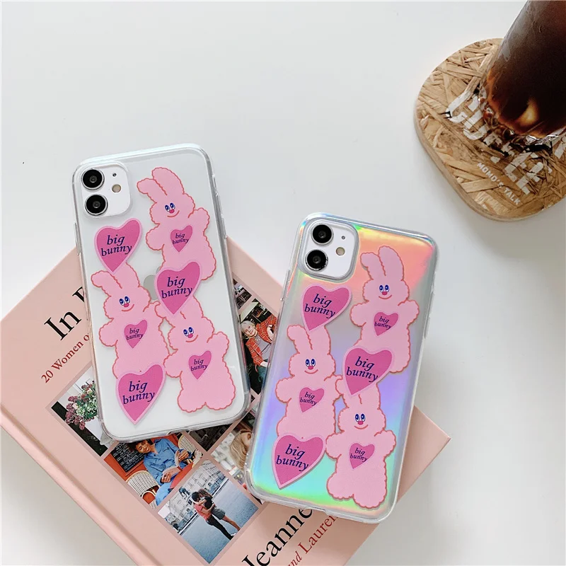 

Pink big bunny cartoon simple clear case for iPhone 11 Pro Max XR X XS 7 8 Plus phone cases heart silicone soft back cover coque