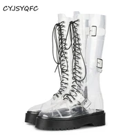 cyjsyqfc clear transparent women boots cross tied platform boots buckle strap combat shoes round toe flat heels lady long boots
