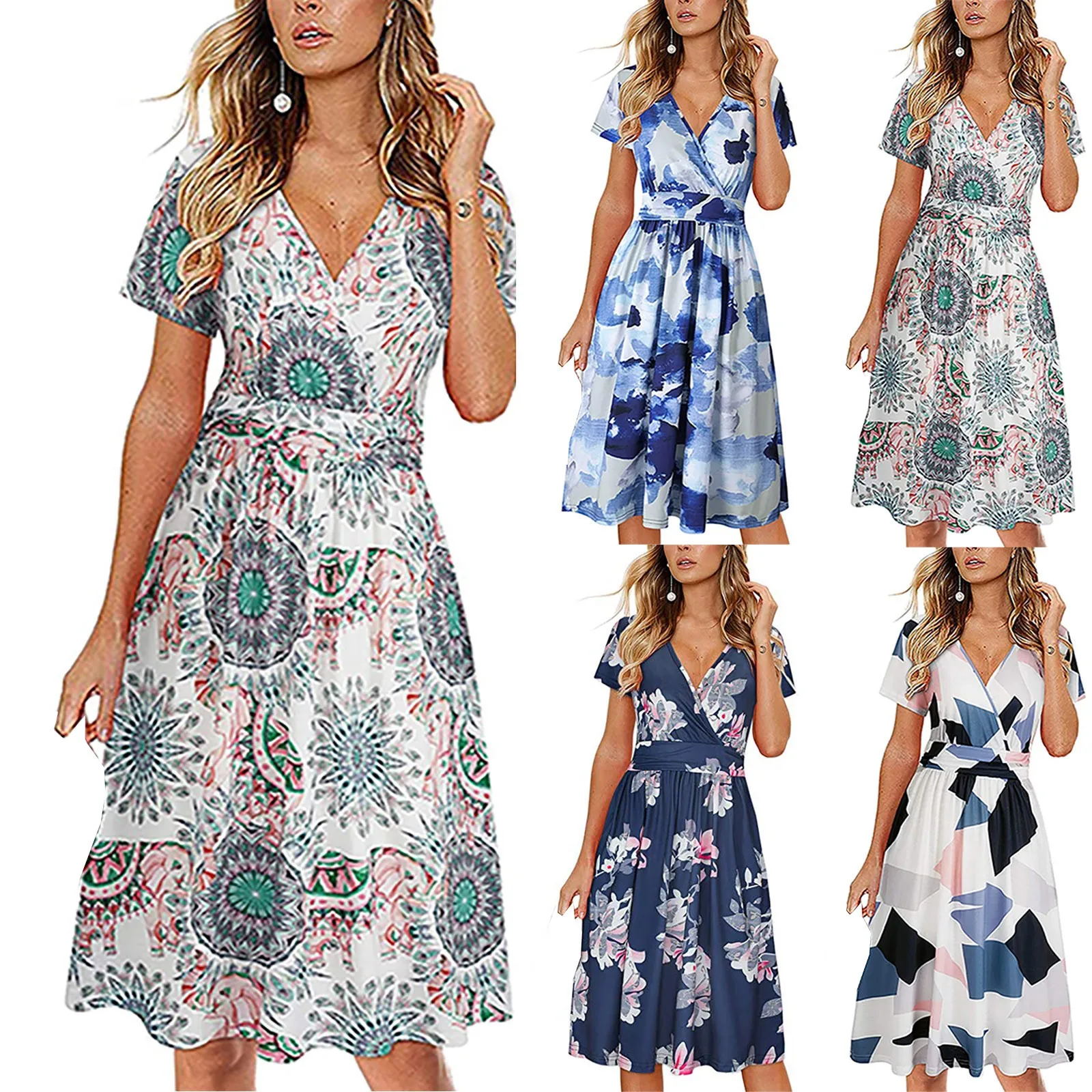 

2021 New Print Floral Prairie Chic Vintage Dress Short Sleeve Loose Summer Dress Plus Size Women Casual Party Knee Length Dress