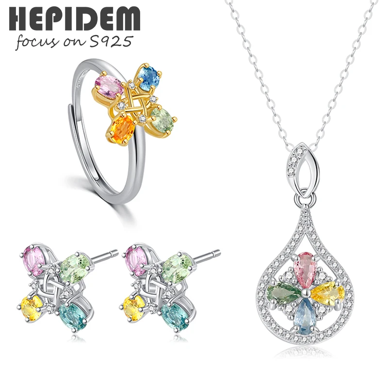 

HEPIDEM 100% Sapphire S925 Necklace Rings Earrings 2022 Women Crystal Stone Gemstones Fine Jewelry Sets 925 Sterling Silver 1201