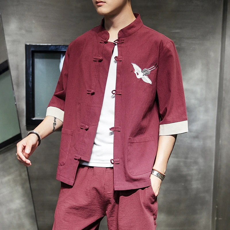 Мужская свободная рубашка с воротником-стойкой Повседневная однотонная