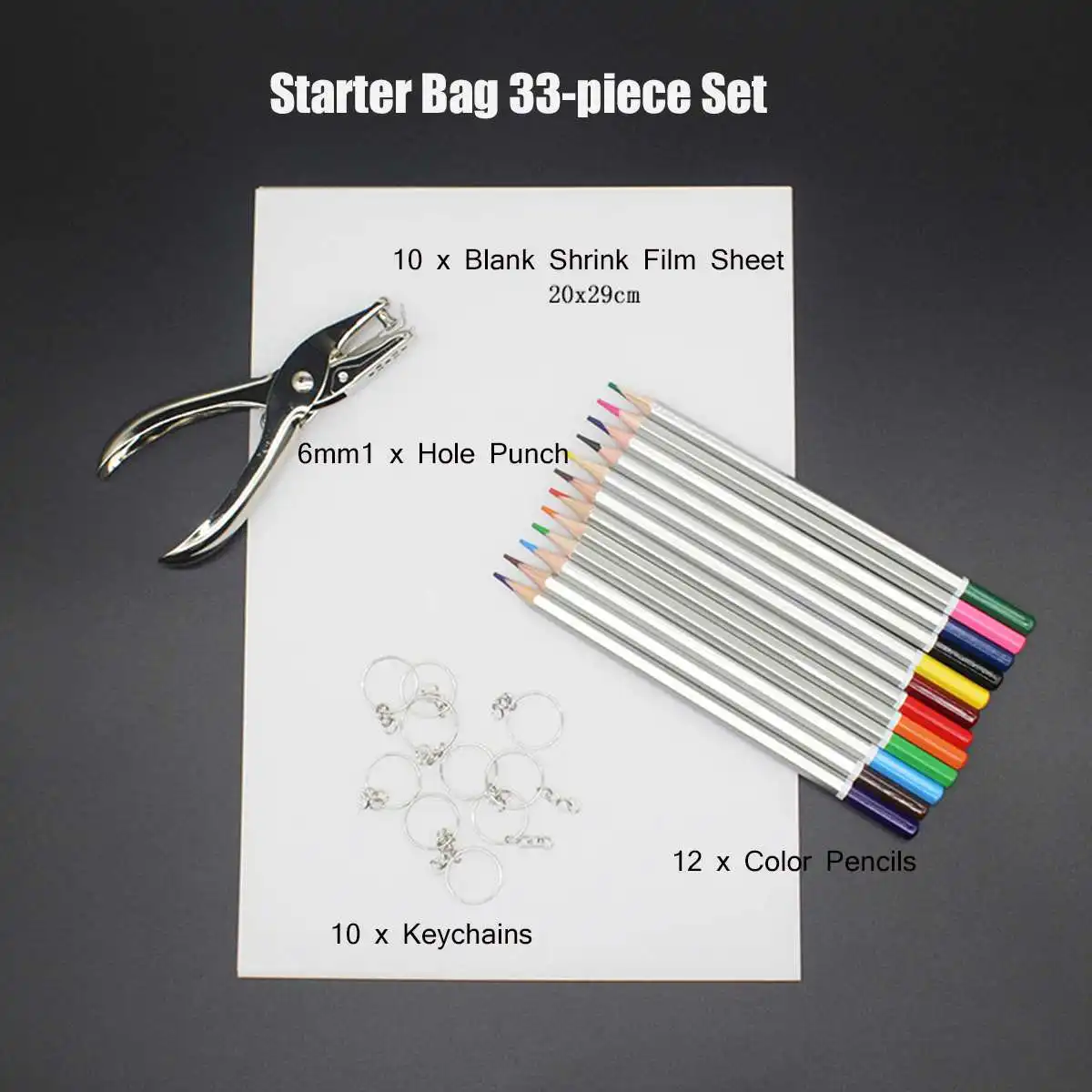 

33/145/198PCS Shrinky Art Paper Heat Shrink Sheet Plastic Kit Hole Punch Keychains Pencils DIY Drawing Art Supply