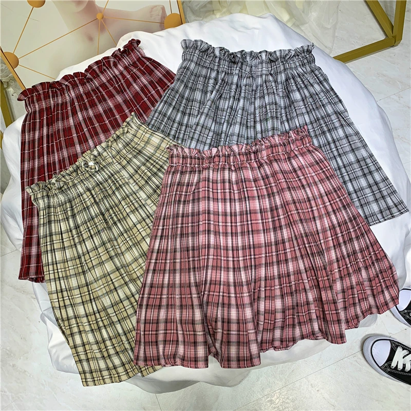 2019 Autum Harajuku Sweet High-waisted Chequered pleated skirt Kawaii Punk Short Plaid Skirt Sexy A-shaped Plus Size | Женская одежда