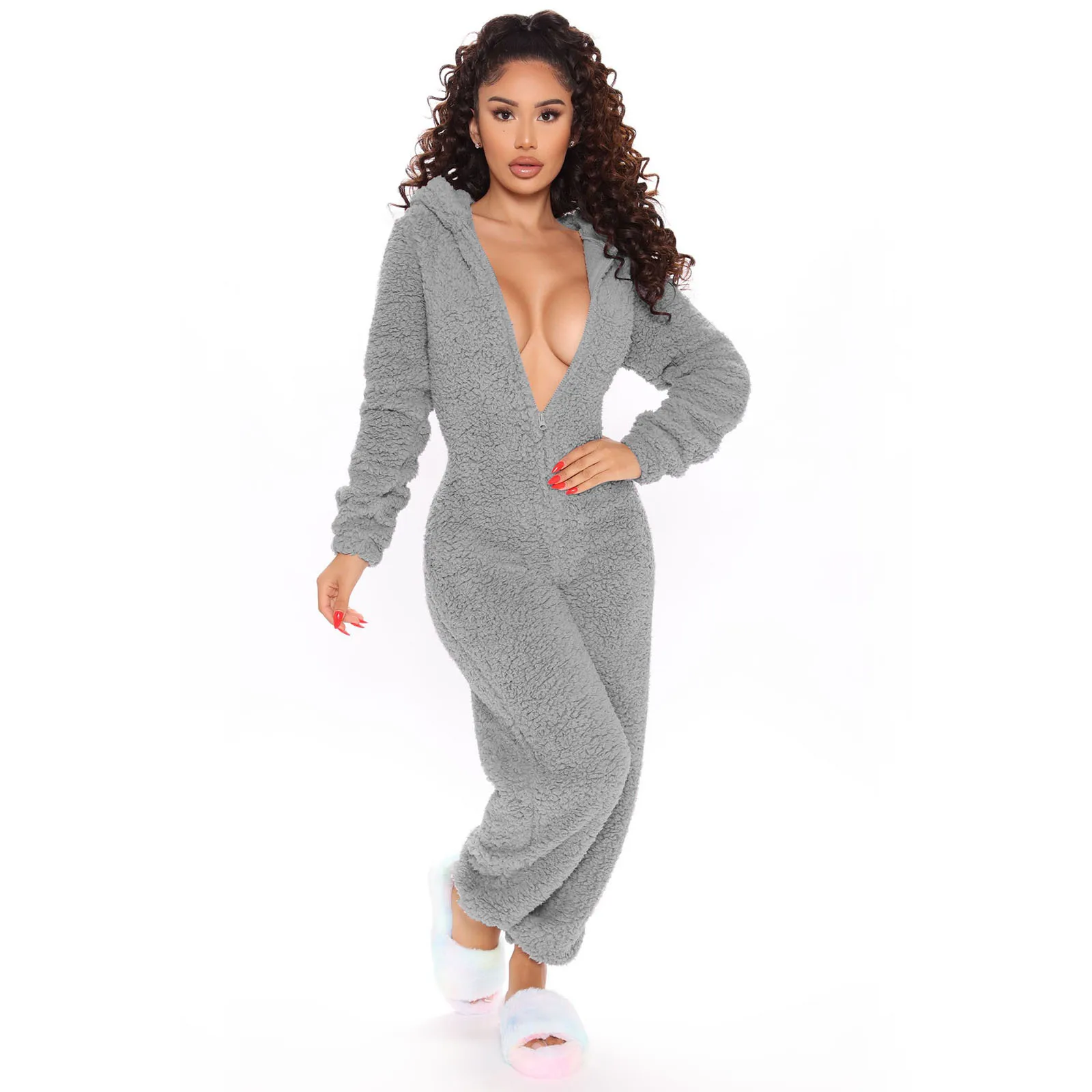 DEWADBOW Winter Warm Pyjamas Women Cute Fluffy Fleece Jumpsuits Sleepwear Overall Plus Size Hooded 1 piece Pajamas For Adults |