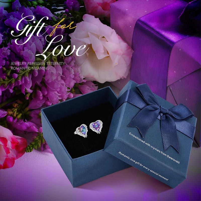 Purple plus box CDE серьги-гвоздики, украшенные кристаллами, женские серьги, крылья ангела, серьги в виде сердца, модные драгоценности для ушей, подарки - Цвет камня: Purple plus box