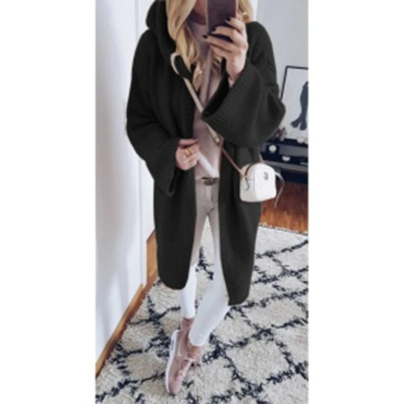 

Chic 2020 Autumn Women Solid Hooded Knitted Long Cardigan Warm Sweater Overcoat For Female Women Winter Clothes S-5XL Plus Size