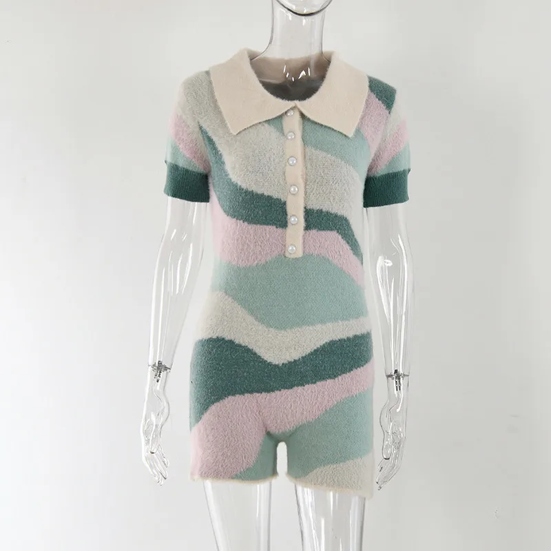 

Sibybo 2021 Summer Mohair Knitted Y2K Playsuit Women Patchwork Button Sexy Short Jumpsuits Femme Short Sleeve Slim Rompers Tops