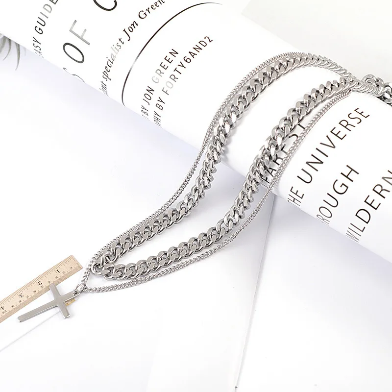 

Hip Hop Vintage Cross Pendant Necklace Women Stainless Steel Double Layer Chain Necklaces Fashion Jewelry Mujer Colar