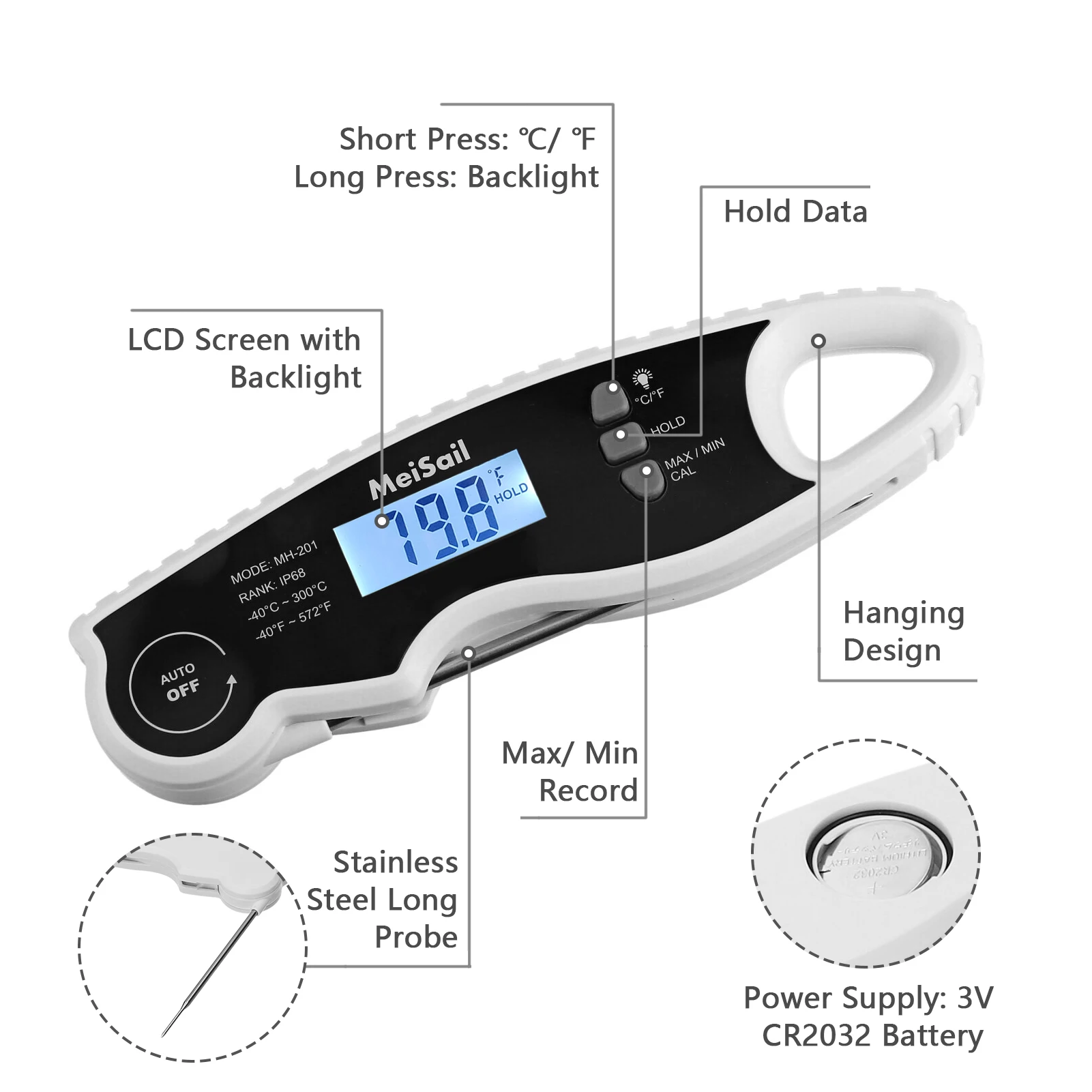 

Food Thermometer LCD Backlight Auto Rotating Display Switchable Data Lock Function Meat Thermometer for Kitchen Cooking