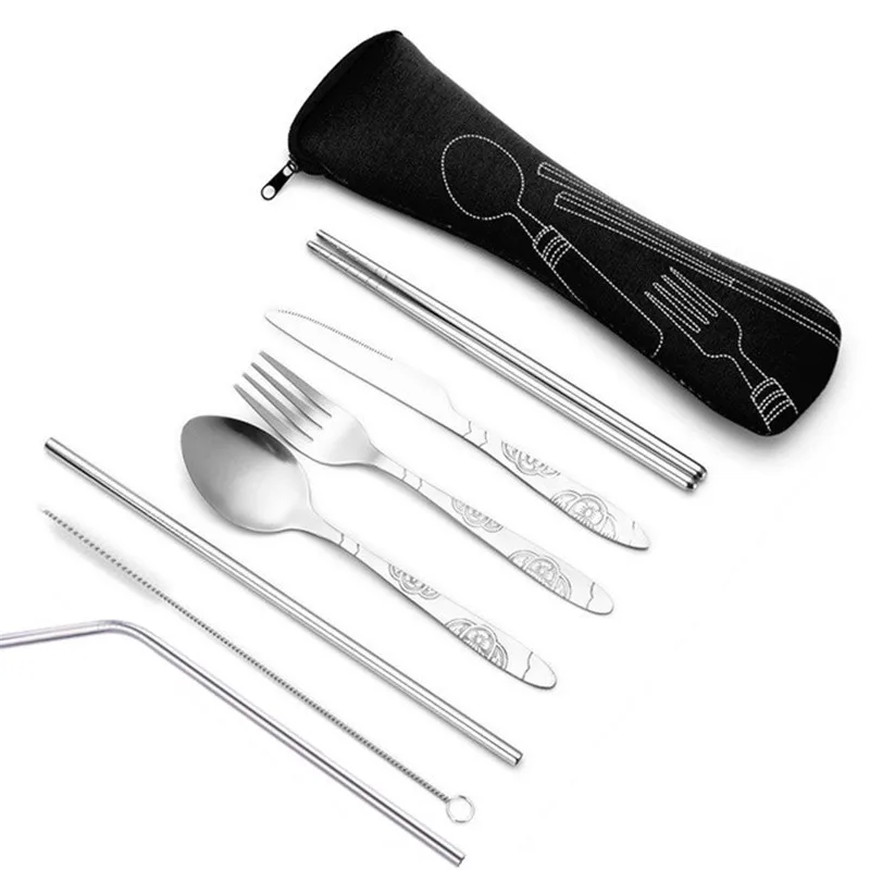 Juego de cubertería de acero inoxidable con impresión, set de cuchara, tenedor y cuchillo para carne, portátil, de viaje, con bolsa, 3 o 7 unidades