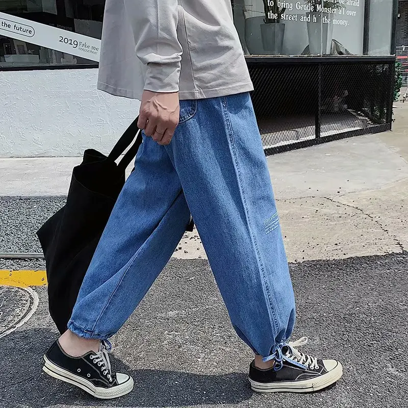 

Hong Kong style 2020 summer chic retro jeans men's denim jeans hip hop loose feet cropped pants students trendy straight pants