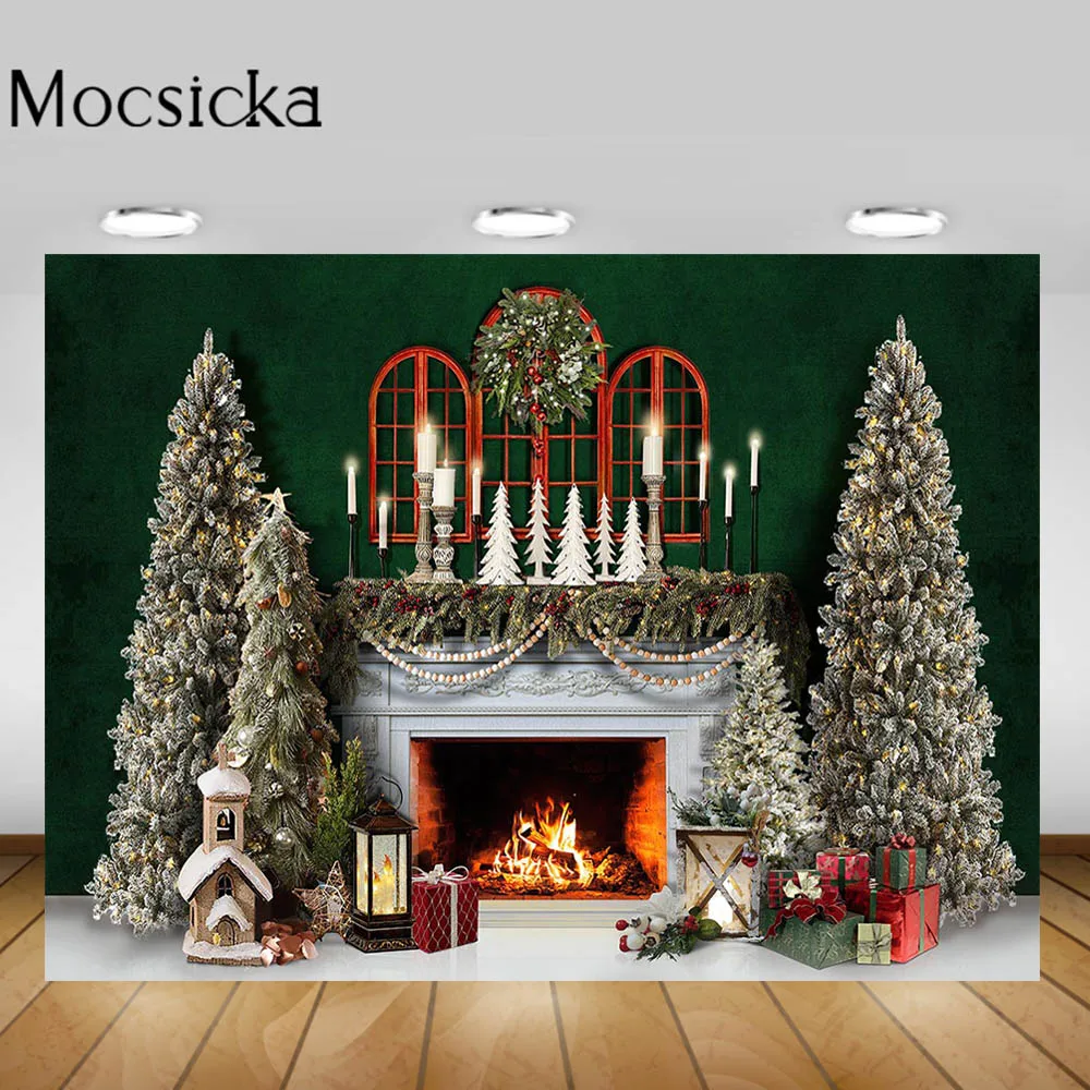 

Mocsicka Christmas Backdrop White Fireplace Christmas Tree Wreath Candle Xmas Photo Background Family Portrait Photo Shoot Props