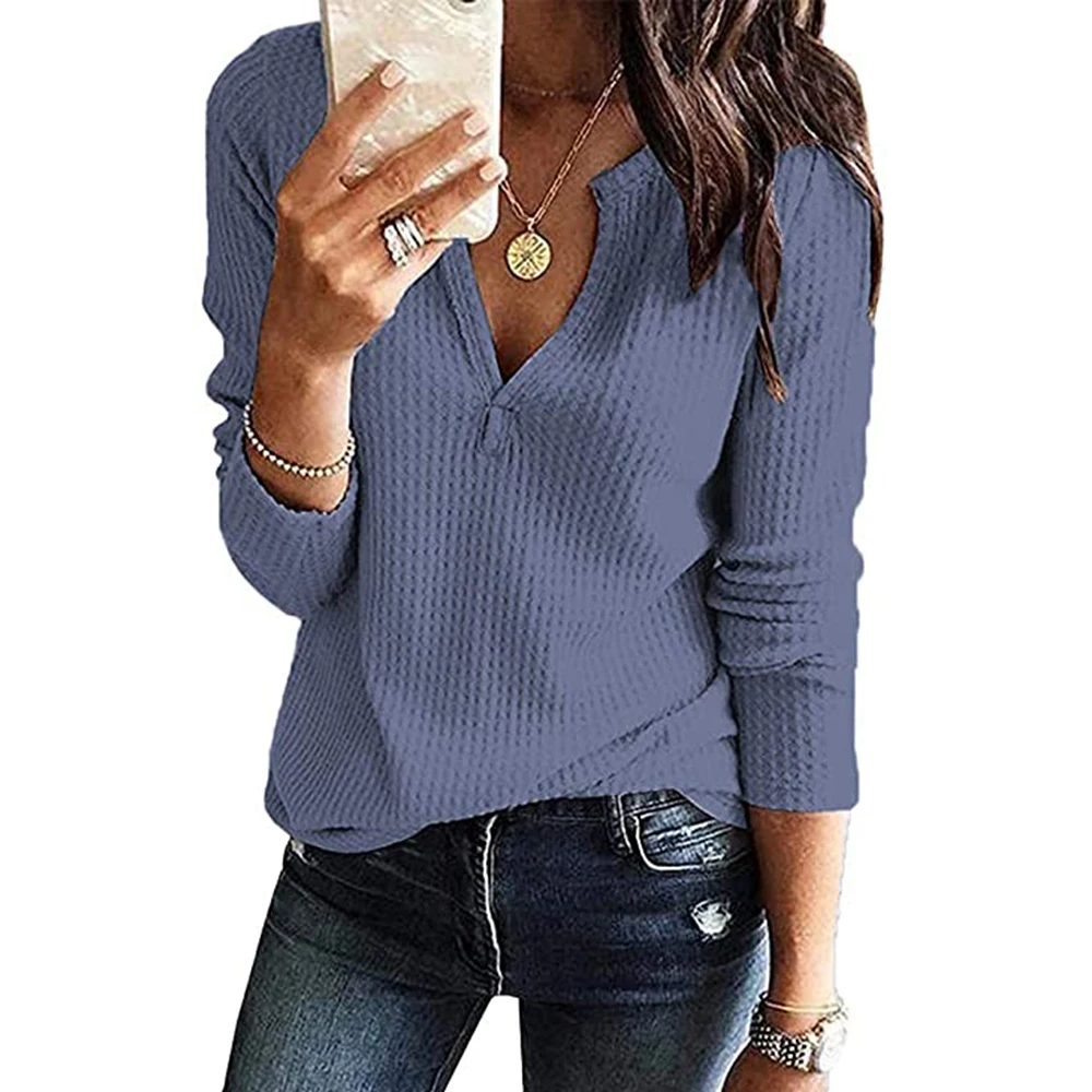 

Womens V Neck Shirts Long Sleeve Waffle Knit Loose Fitting Warm Tee Pullover Tops