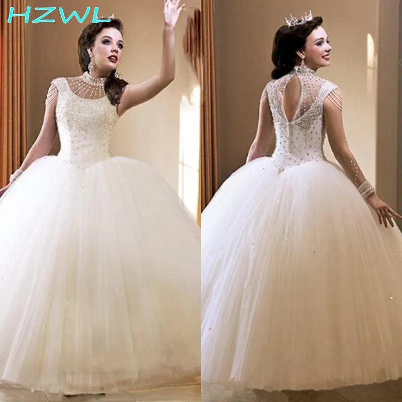

Crystals Beaded Ball Gown White Organza Quinceanera Dresses Featuring Crew Neckline Capped Sleeve Keyhole Back Girls Prom Dress