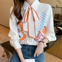 early autumn floral print chiffon women casual shirts bow tie formal work wear blouse tops white orange patchwork