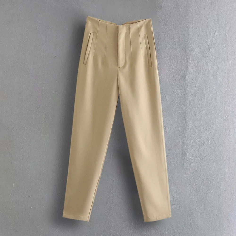 

2021 Spring Trouser Suits High Waisted Pants Women Fashion Office Beige Pants Chic Button Zip Elegant Pink Casual Woman Pants