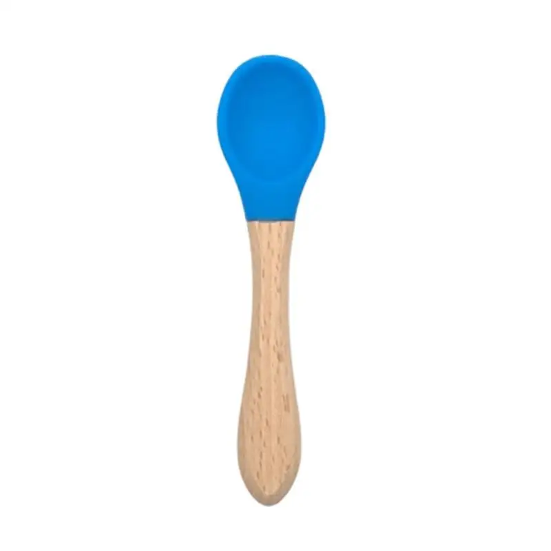 Cuchara de silicona de madera para beb&eacute;, vajilla de suplemento alimenticio para ni&ntilde;os, cuchara de entrenamiento con mango de madera para alimentaci&oacute;n segura-5