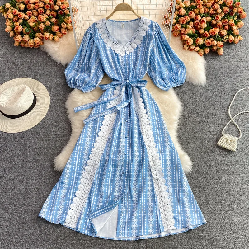 

Summer Early Autumn Luxury V-neck Lace Splicing Dress Women Half Sleeve Waist Slim Dress Lady Big Swing Long Dress