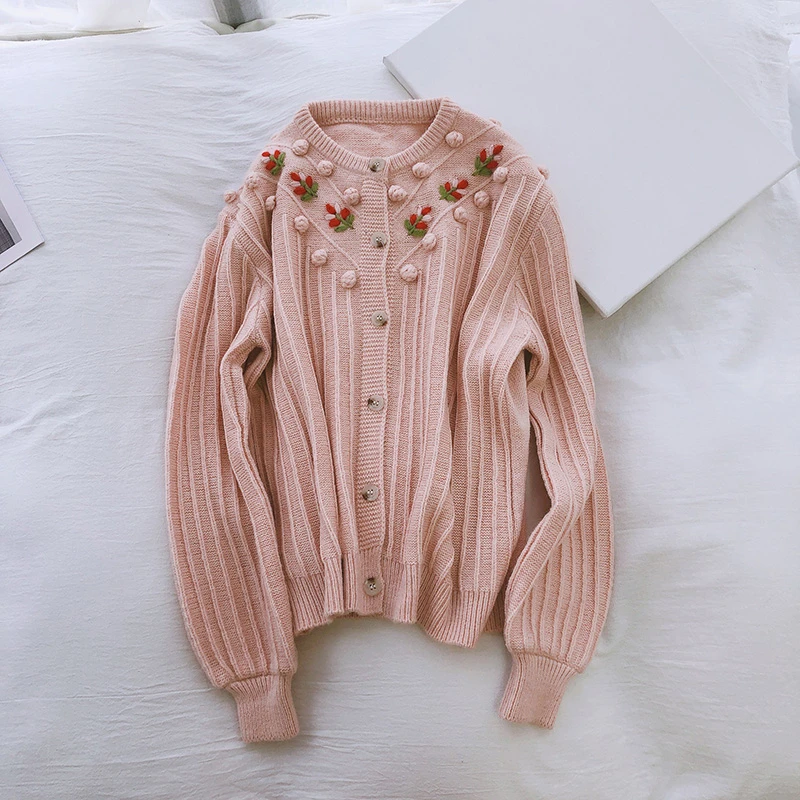 

Korean Embroidery Floral O-neck Cute Cardigan Women Modis Sweater 2020 Autumn And Winter Long Sleeve Tops