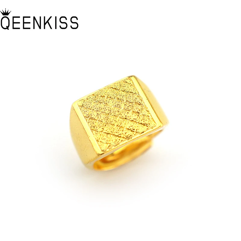 

QEENKISS RG547 2021 Fine Jewelry Wholesale Fashion Man Boy Birthday Wedding Gift Vintage Square Matte 24KT Gold Resizable Ring