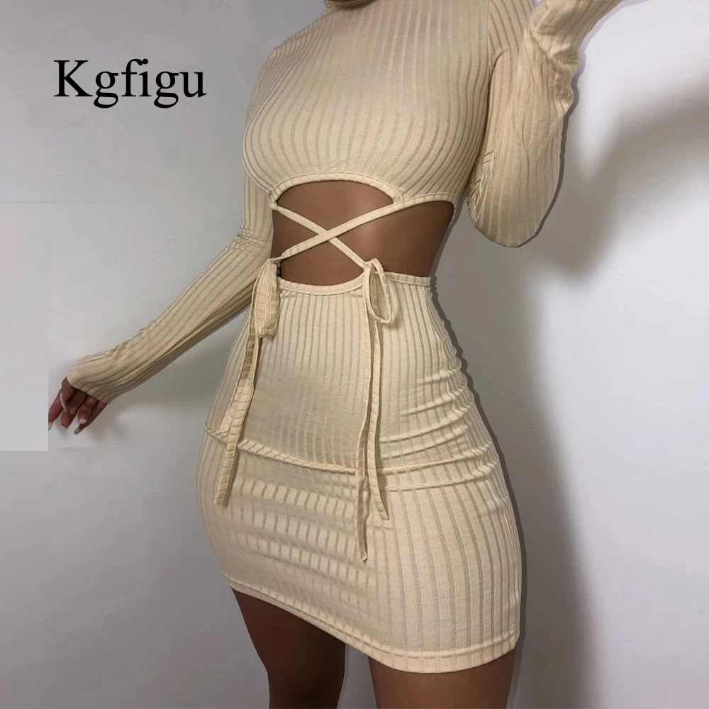 

KGFIGU Knitting Ribbed Khaki Bandage Party Dresses For Women Sexy Long Sleeve Soft Stretchy Mini Vestidos Lady Birthday Outfits