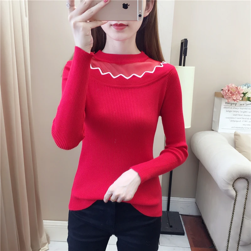 Кружевная Водолазка Осень-зима пуловеры женские сексуальные полосатые красные