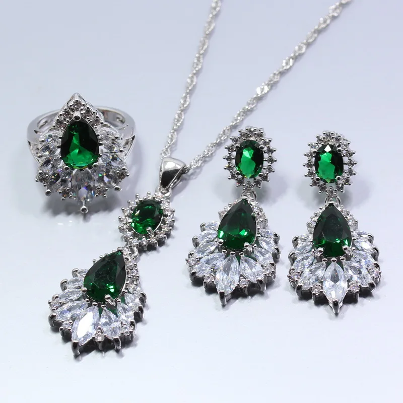 Green 3PCS Австрийский Кристалл с натуральным камнем зеленый CZ Ювелирные наборы из 925 пробы серебра Дубай женский свадебный костюм наборы - Окраска металла: Green 3PCS