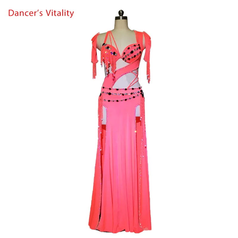 

Customized Belly Dance Luxurious Diamond Bra Skirt Oversleeves Set Women Oriental Indian Dance Competition Performance Costume