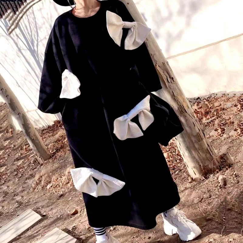 

[EAM] Women Big Size Long Bow Contrast Color Dress New Round Neck Long Sleeve Loose Fit Fashion Tide Spring Autumn 2021 1DD5586