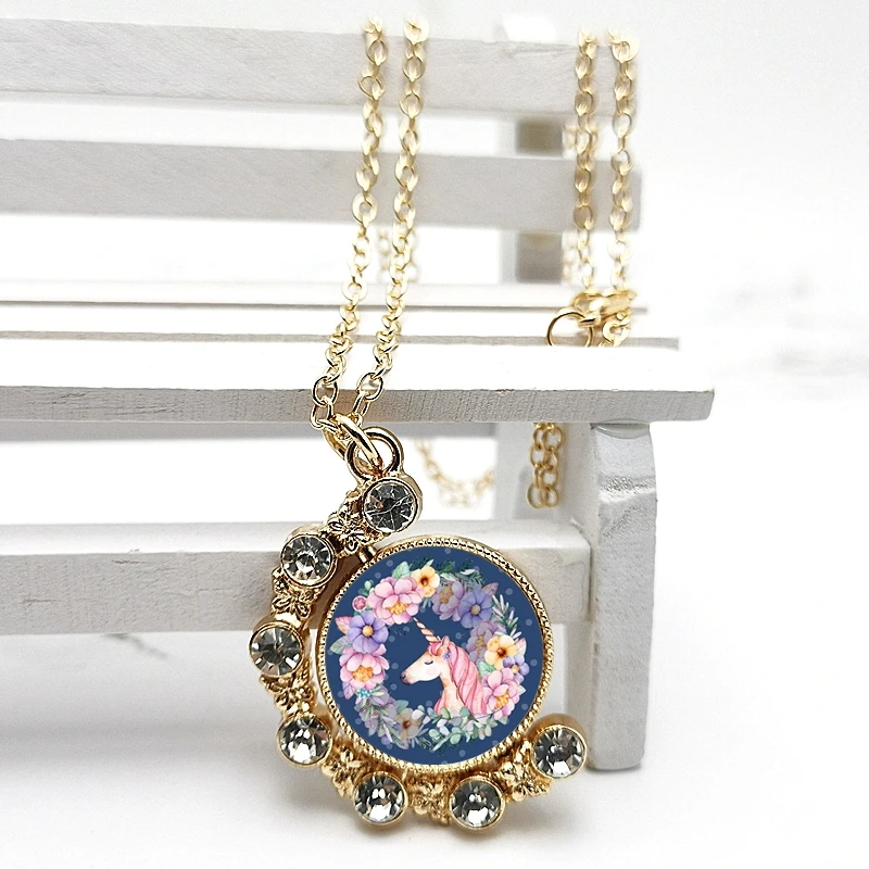 

New Fashion Cartoon Anime Cute Unicorn Double-sided Rotating Crystal Pendant Glass Convex Round Necklace Children Necklace Gift