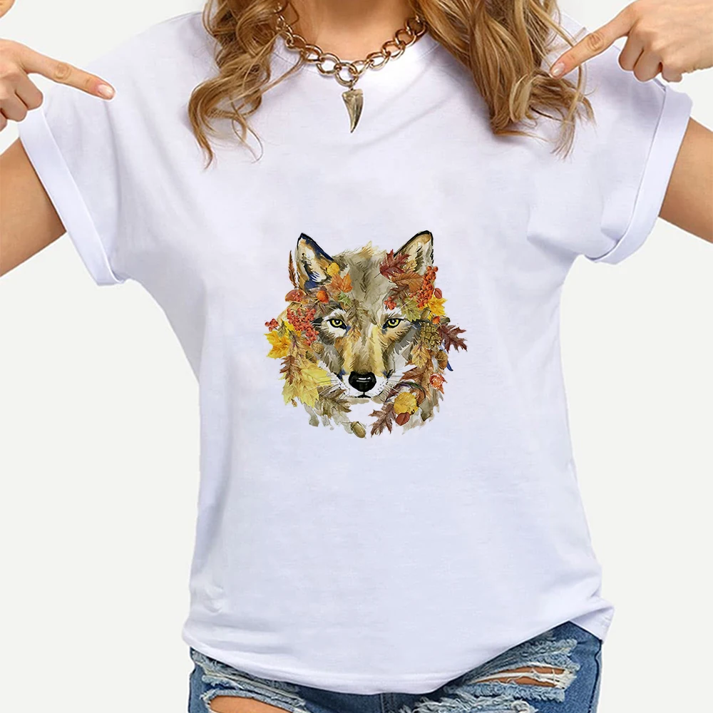 

2021 Autumn Women T-shirt Fashion Crewneck Loose Casual T Shirts Withered Wolf Graphic Fashion Exquisite Streetwear T Shirt
