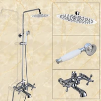 polished chrome brass dual cross handles wall mounted bathroom 8 round rain shower head faucet set bath tub mixer taps mcy322