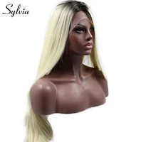 sylvia 613 blonde synthetic lace front wigs whit dark roots middle part long silky straight heat resistant fiber hair for women
