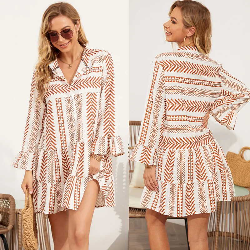 

Autumn Printed Casual Fashion Women's Dress Long Sleeve Lapel Collar Bohemian Dress