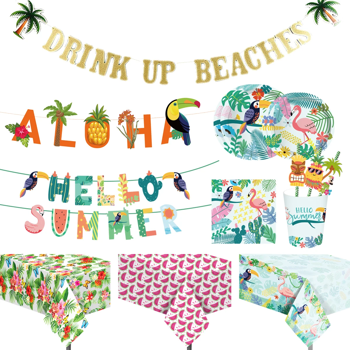 

QIFU Hawaii Party Tableware Hello Summner ALOHA Banner Flamingo Tropical Hawaiian Party Decor Luau Holiday Summer Party Supplies