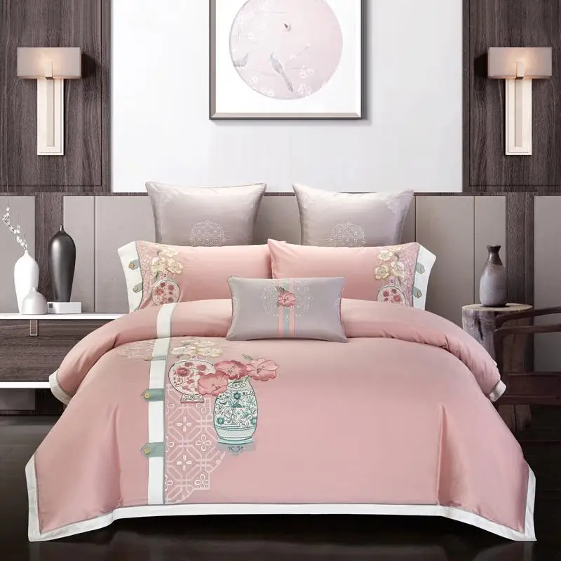 

Luxury Embroidery Flowers Duvet Cover Set 600TC Egyptian Cotton JPcs Queen King size Bedding set Gray Pink Flat Bed sheet set