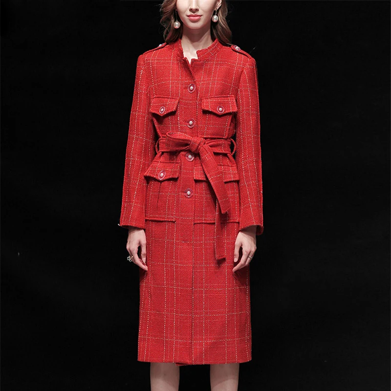 Высококачественное зимнее пальто для подиума, женское дизайнерское пальто, длинные твидовые шерстяные куртки и пальто, на шнуровке, в клетку, теплое пальто, верхняя одежда