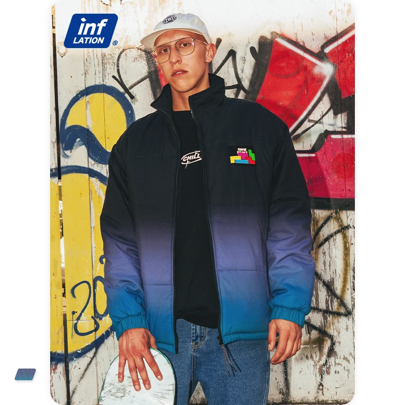 

INFLATION Streetwear Parkas Coat Men Winter Thick Warm Windproof Outdoor Parkas Men Dip Dye Hip Hop Cotton Padded Bomber Jacket