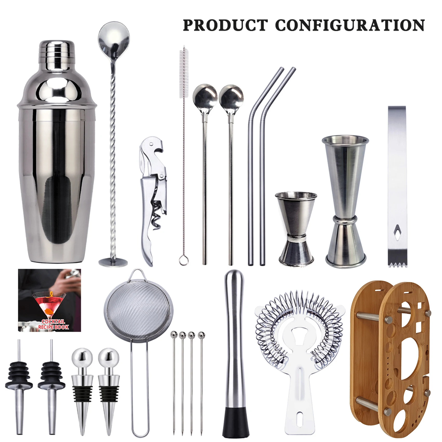 Juego de coctelera de 23 piezas, Kit de camarero con soporte de bamb&uacute; ovalado desmontable, herramientas de Bar para el hogar de acero inoxidable, regalo perfecto-2