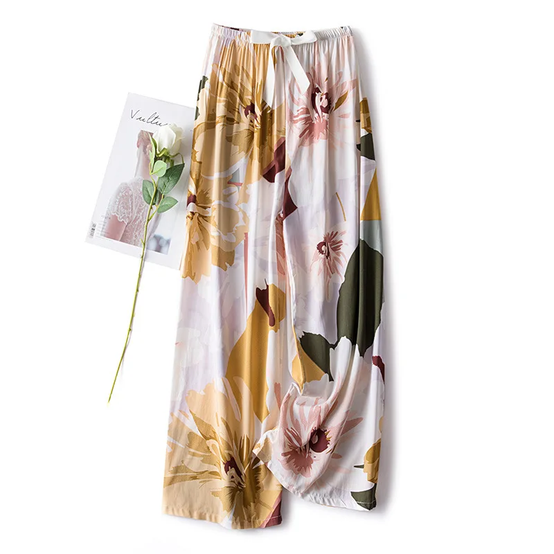 Fashion Women Sleep Bottoms Viscose Print Loose Full Length Pants Elastic Waist Sleeping Shorts Printing Thin Lounge Sleepwear