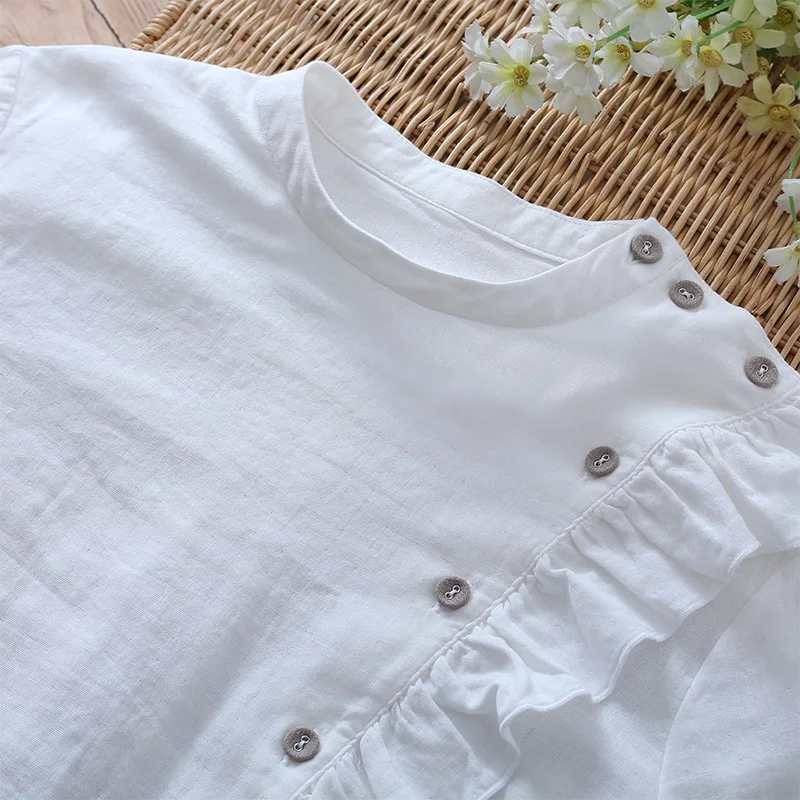 

Женская хлопковая блузка с воротником-стойкой, белая рубашка из двойной марли с длинным рукавом на весну и осень