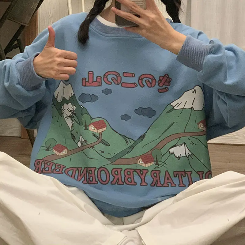

2021 New Japanese Harajuku Pullover Women's Oversized Hoodie Blue Long Sleeve Round Neck Cartoon Print Retro Sweatshirt