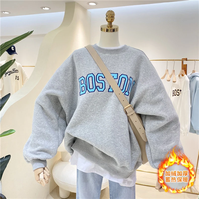 

Fall 2021 Women's clothing Hoodies Sweatshirt Fleece-Lined Thick Loose round Neck Letter Print Sweatshirt