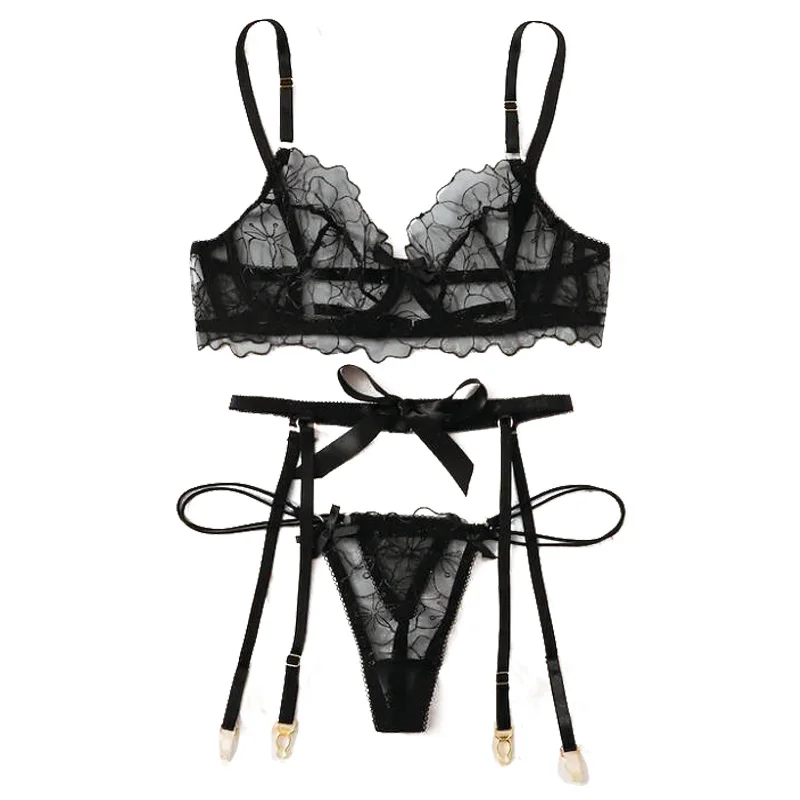 

3PCS Bra G-String Garter Suit Womens Sexy Lingerie Lace Top Bra Set Lady Thong Underwear Set Female Fashion Top Erotic Lingerie