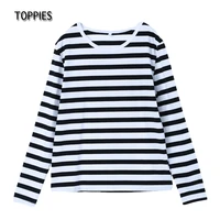 toppies 2021 striped t shirts casual oversized round neck vintage basic tops tees women long sleeve white black t shirts
