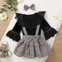 baywell infant baby girls clothes set black lace flared long sleeve romper tops classic plaid suspender skirt headband 0 24m