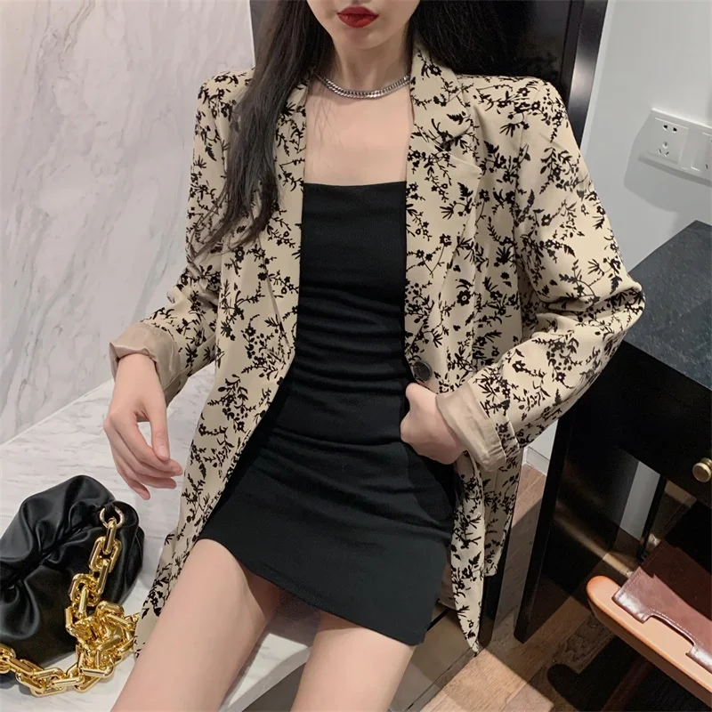 

Qooth Autumn and Winter Women's Blazer Jacket Casual Floral Print Single-breasted No Pocket Casual INS Coat QT317