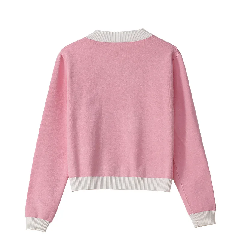 

2021 Spring Kawaii Fashion Style Women High Quality Knitted Sweater Female Cardigans Patchwork Casual Korean Hot Pink Sweater